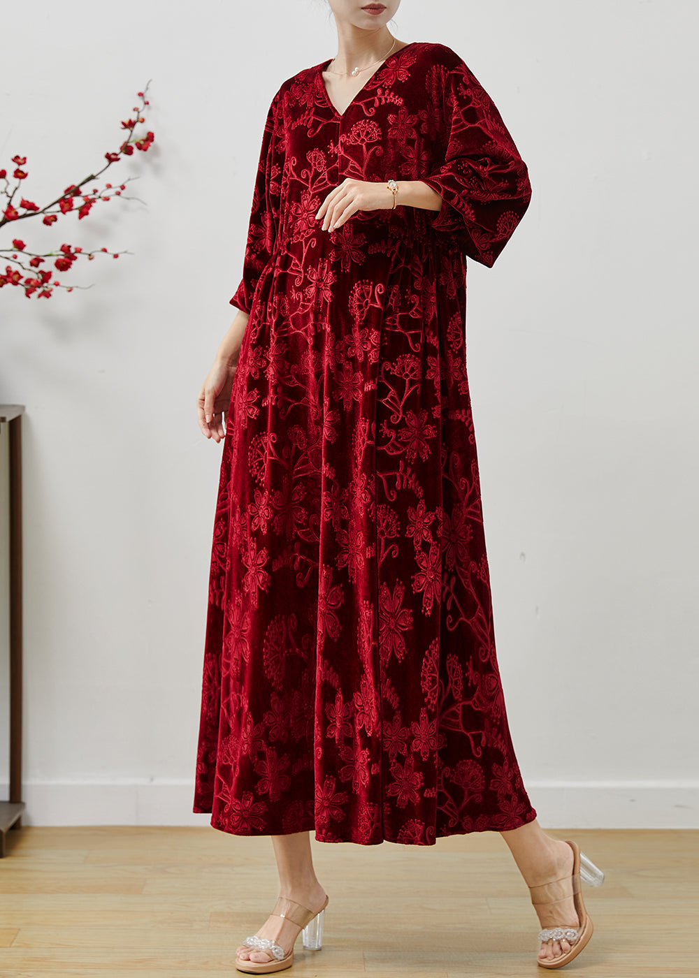 Women's Velvet Holiday Dress Red Silk Jacquard - OutfitLondon