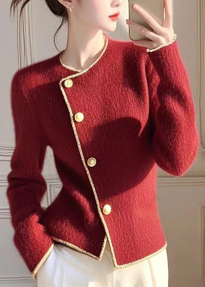 Women's Red Knit Cardigan Coat Fitted Round Neck - OutfitLondon