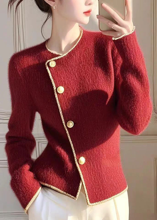 Women's Red Knit Cardigan Coat Fitted Round Neck - OutfitLondon