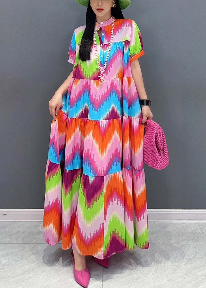 Women's Red Maxi Dress Bold Print Stand Collar - OutfitLondon