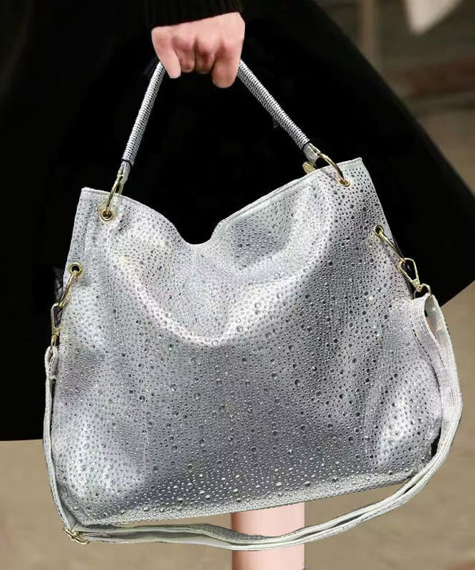 Silver Faux Leather Shoulder Bag with Rhinestones Large Capacity - OutfitLondon