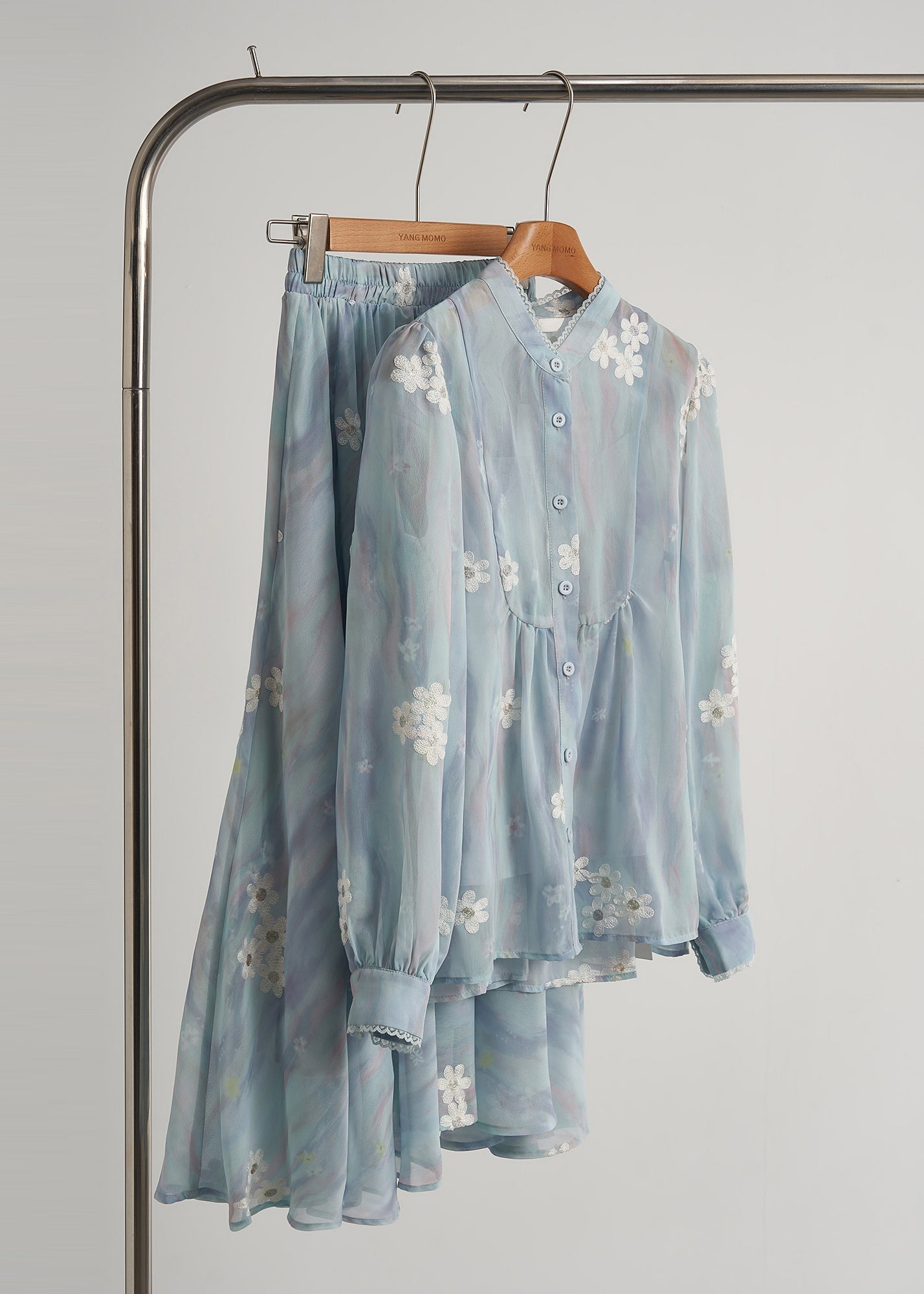 Women's Chiffon Two Piece Embroidered Set Sky Blue - OutfitLondon