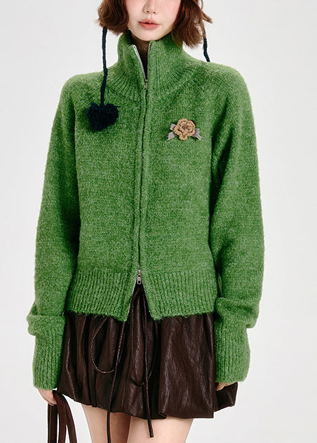 Women's Green Knit Zip Vest Floral Warm - OutfitLondon