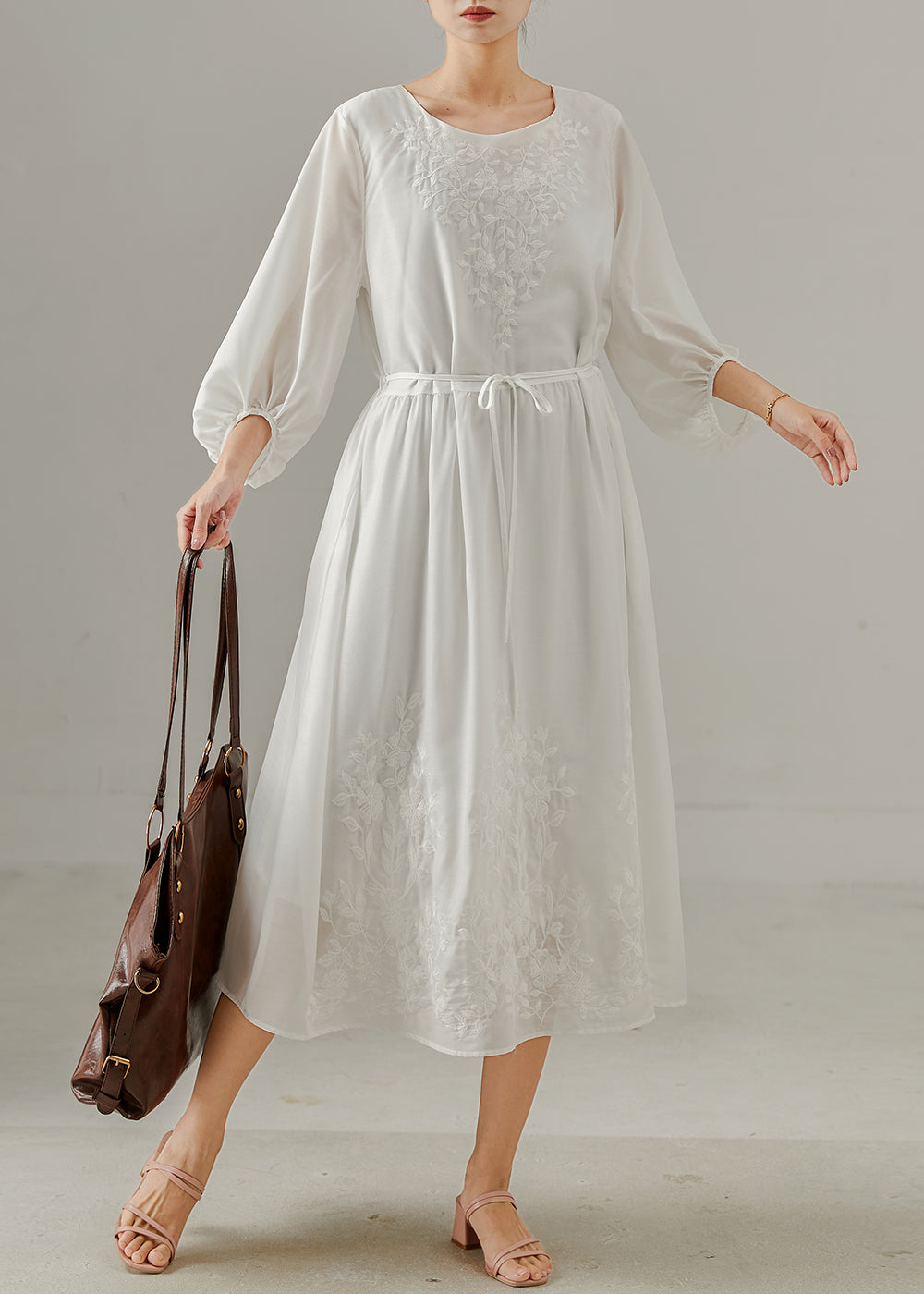 Women's White Cotton Embroidered Long Dress - OutfitLondon