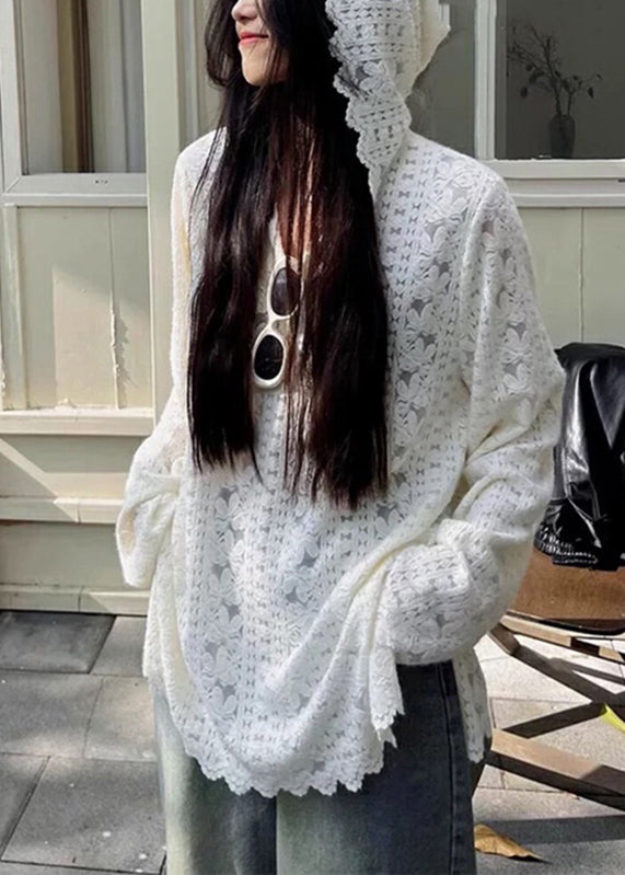 Women's Floral Lace Hoodie White Knit Loose Fit - OutfitLondon