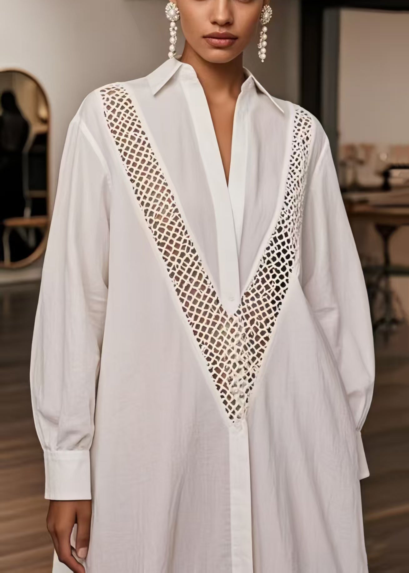 Women's Oversized Cotton Dress White Hollow Out Spring - OutfitLondon