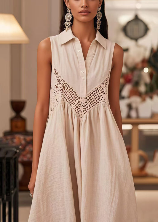 Women's White Lace Dress Sleeveless Peter Pan Collar - OutfitLondon
