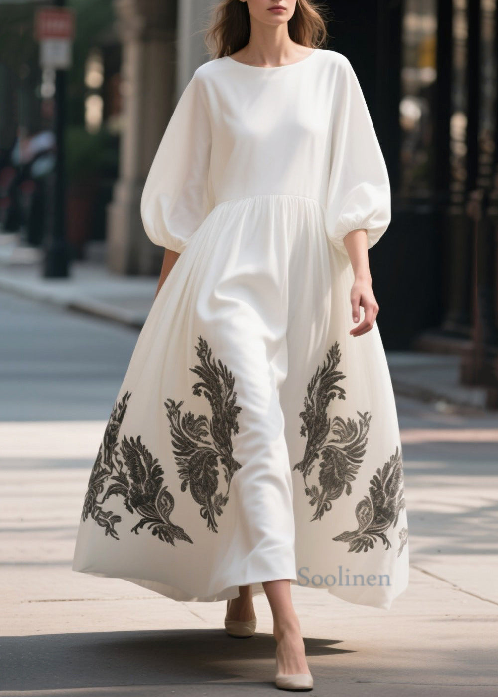 Women's Silk Chiffon Printed White Dress - OutfitLondon