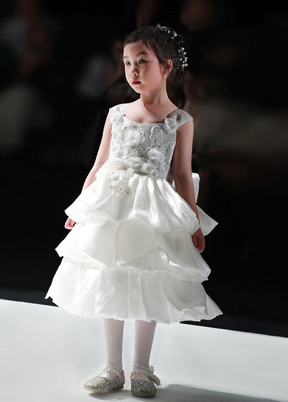 Girls Floral Tulle Maxi Dress Spaghetti Straps White - OutfitLondon