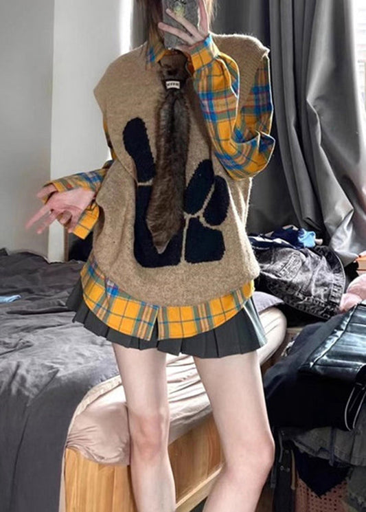 Women's Plaid Knit Vest Set Yellow - OutfitLondon