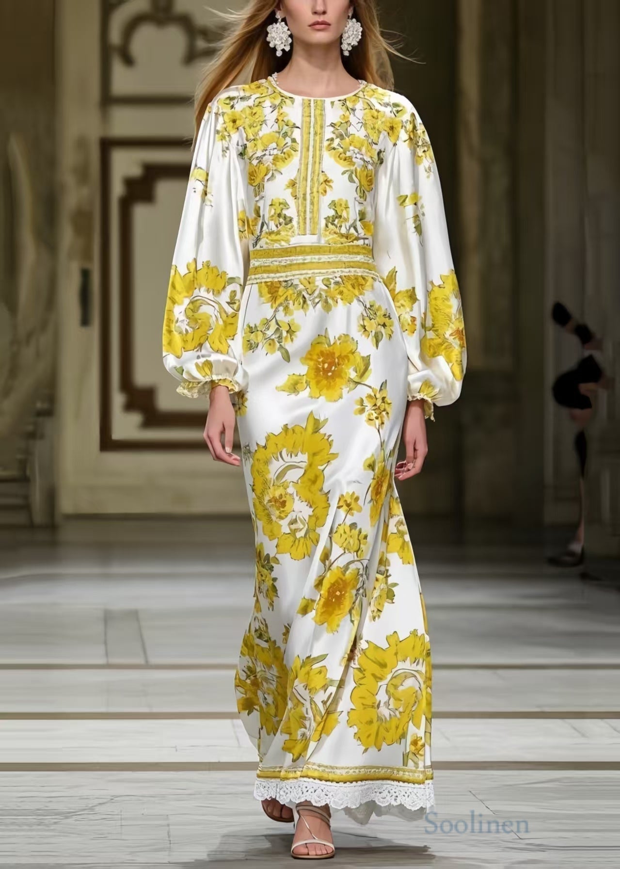 Women's Silk Blend Vacation Dress Yellow Modern Print - OutfitLondon