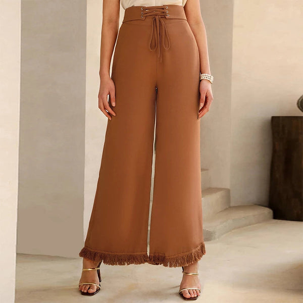 Women's Elegant High Waisted Trousers with Lace Trim
