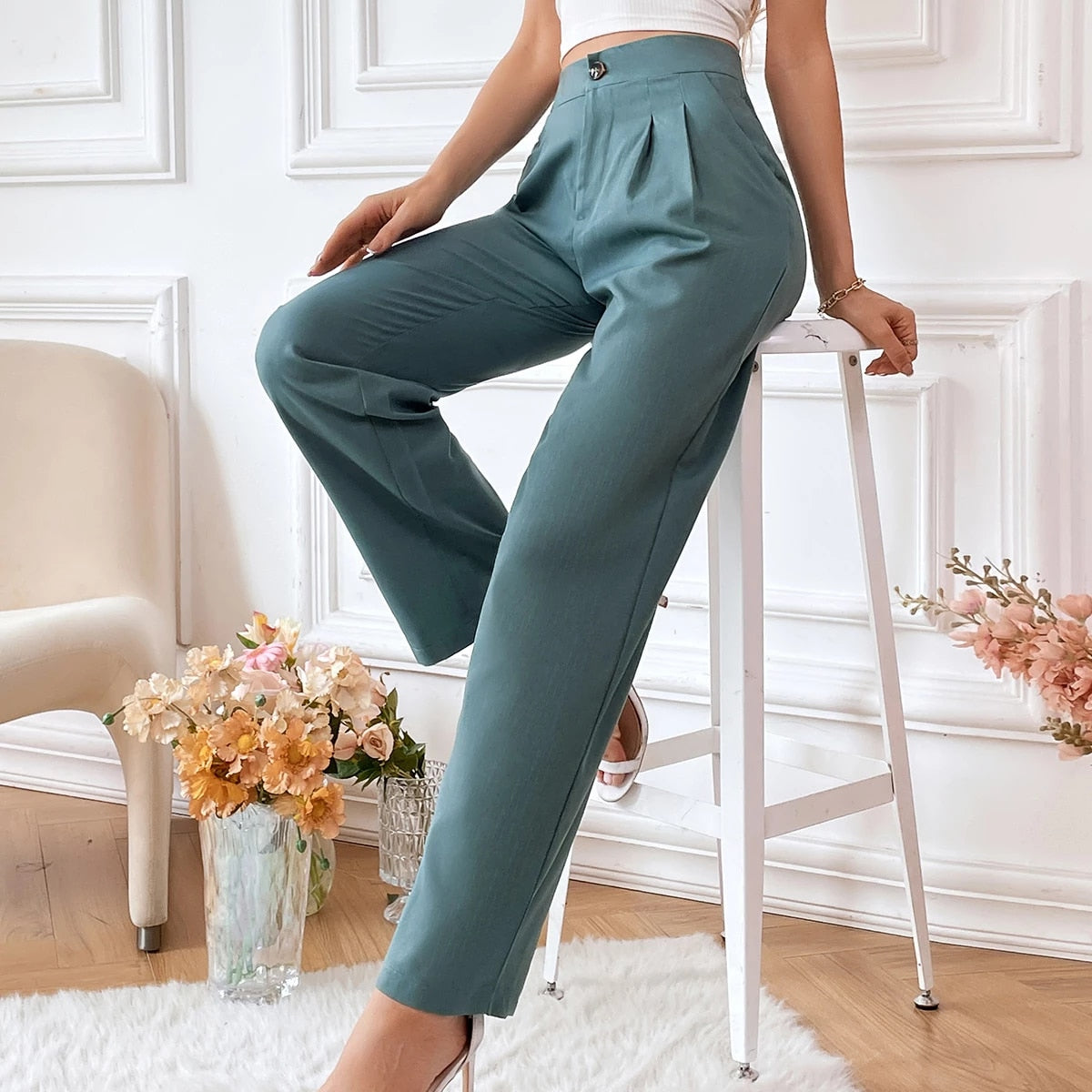 Women's Slim Fit Green Trousers with Pockets