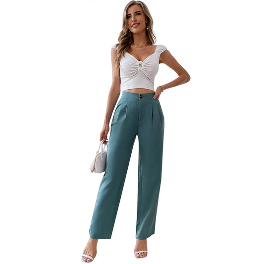 Women's Slim Fit Green Trousers with Pockets - OutfitLondon