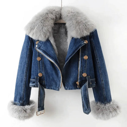 Women's Denim Fur Jacket Urban Style