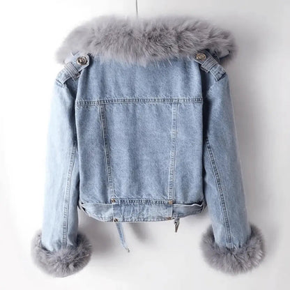 Women's Denim Fur Jacket Urban Style