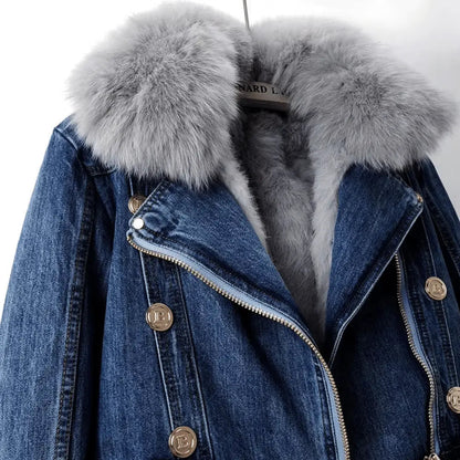 Women's Denim Fur Jacket Urban Style