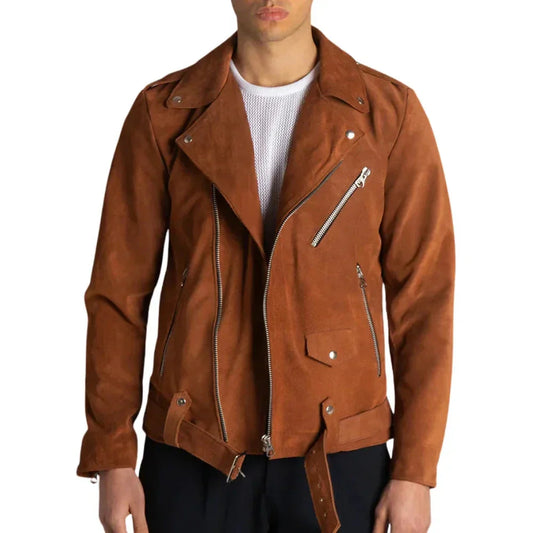 Men's Suede Leather Biker Jacket Tobacco Brown - OutfitLondon