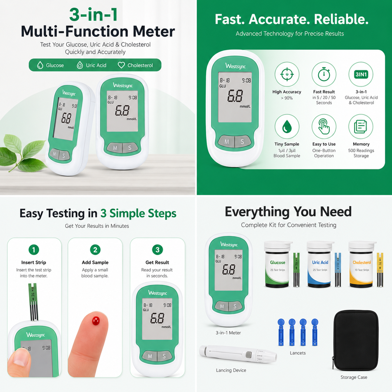 Multifunctional Analyzer Home Cholesterol Test Kit with Lancets Uric Acid Meter Glucose Meter