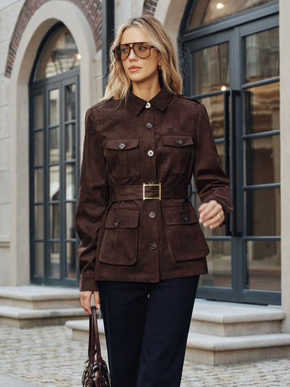 Waterproof Faux Suede Belted Trench Coat with Pockets