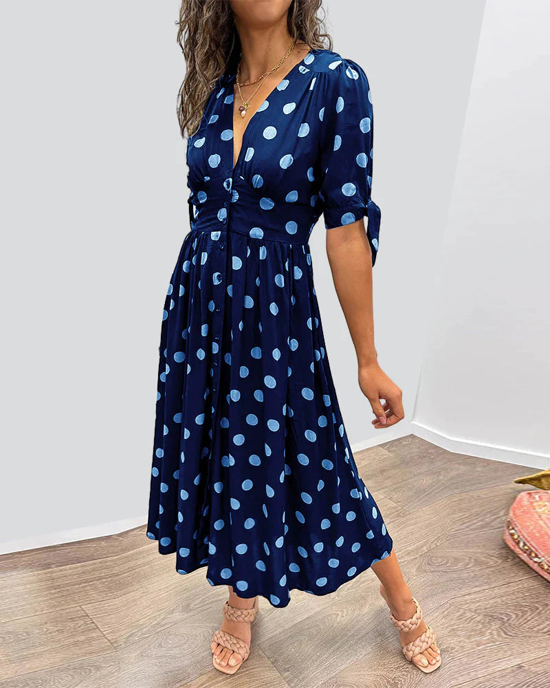 Floral Midi Dress with A-Line Cut and Dots Print - OutfitLondon