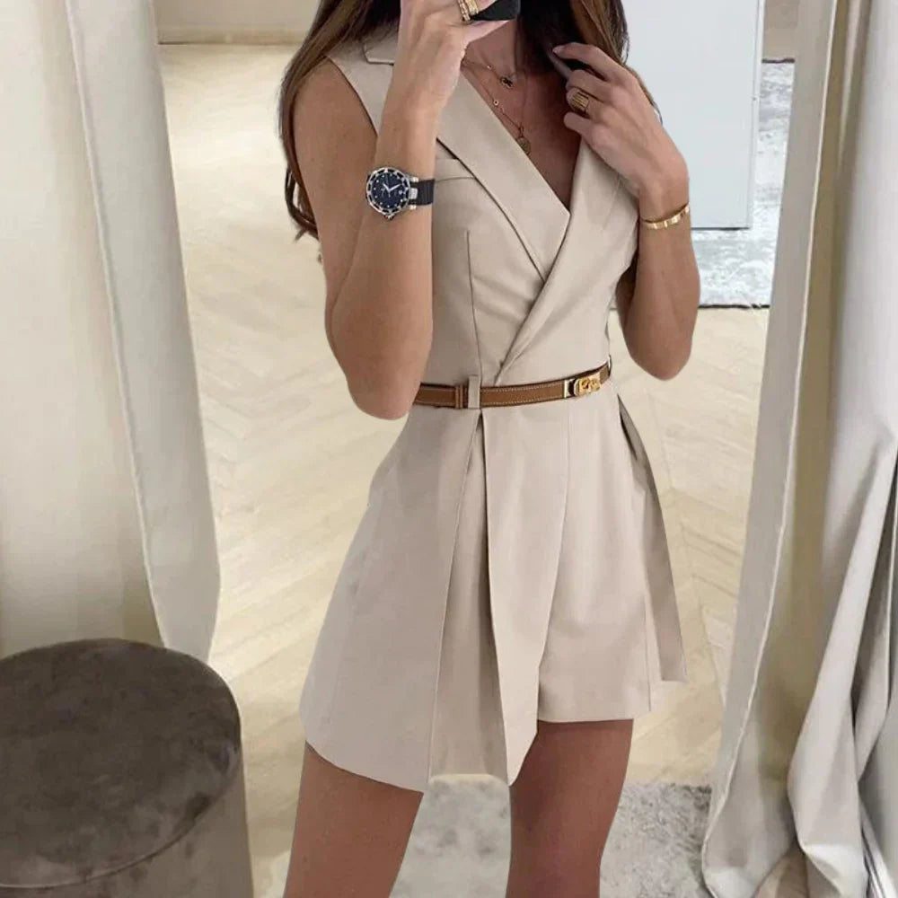 Summer V-Neck Belted Romper Dress