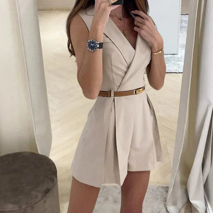 Summer V-Neck Belted Romper Dress