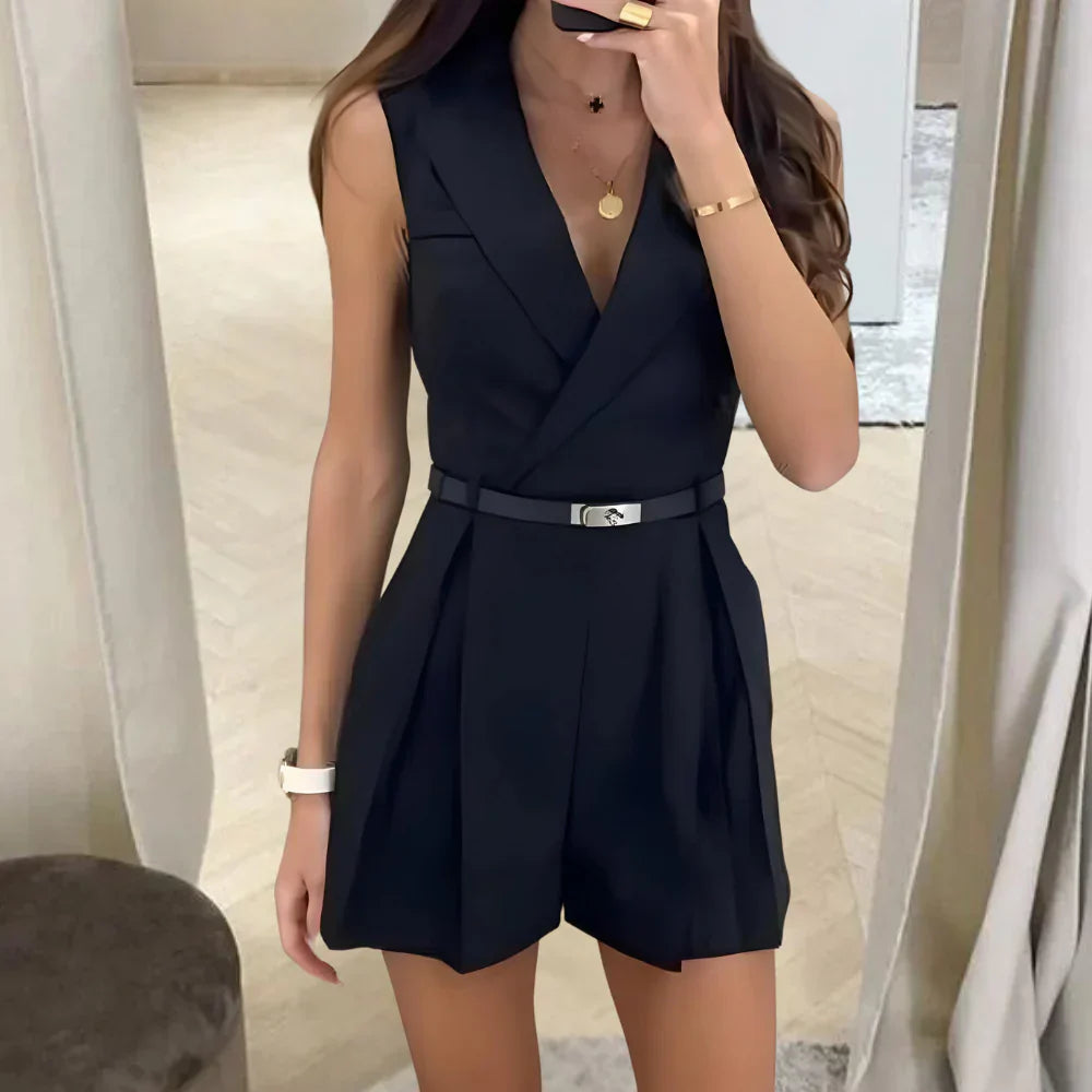 Summer V-Neck Belted Romper Dress - OutfitLondon
