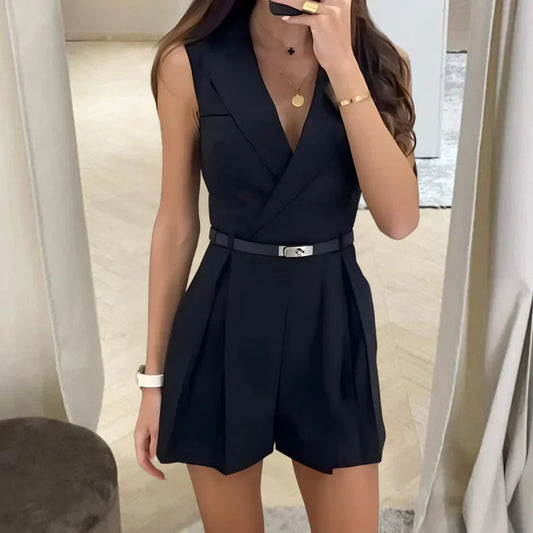 Summer V-Neck Belted Romper Dress - OutfitLondon