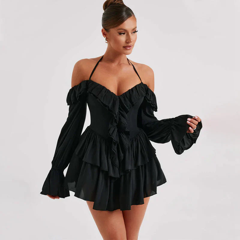 Women's Off Shoulder Ruffle Long Sleeve Jumpsuit - OutfitLondon