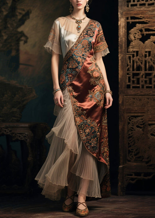 Women's Asymmetrical Tulle Dress Brown National Print - OutfitLondon