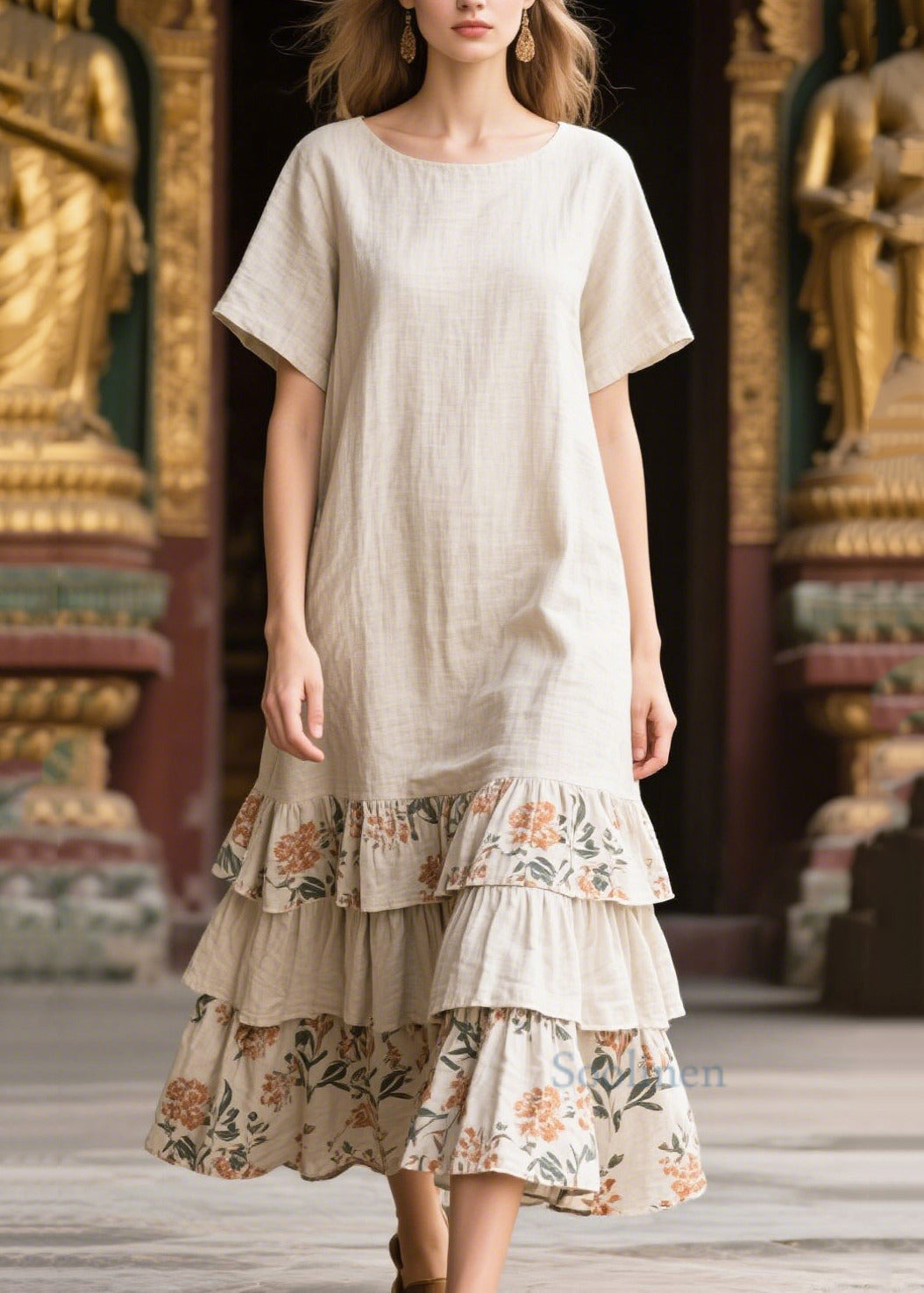 Women's Linen Maxi Dress Oversized Patchwork Apricot Breathable - OutfitLondon