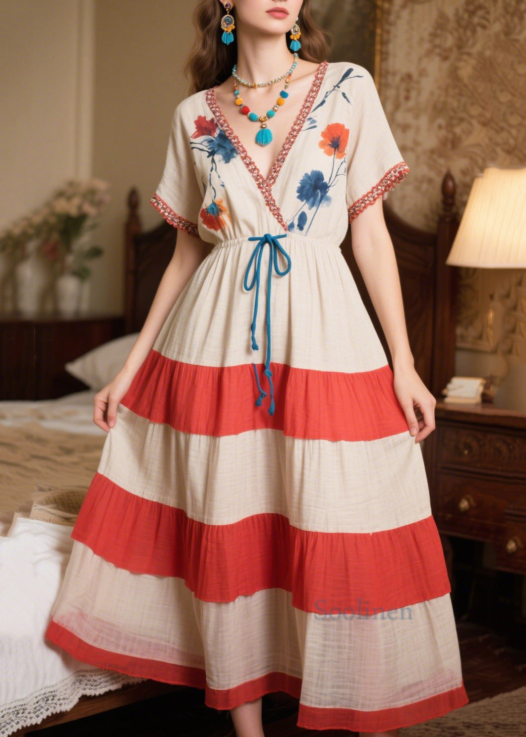 Women's Patchwork Cotton Maxi Dress Natural Beige - OutfitLondon