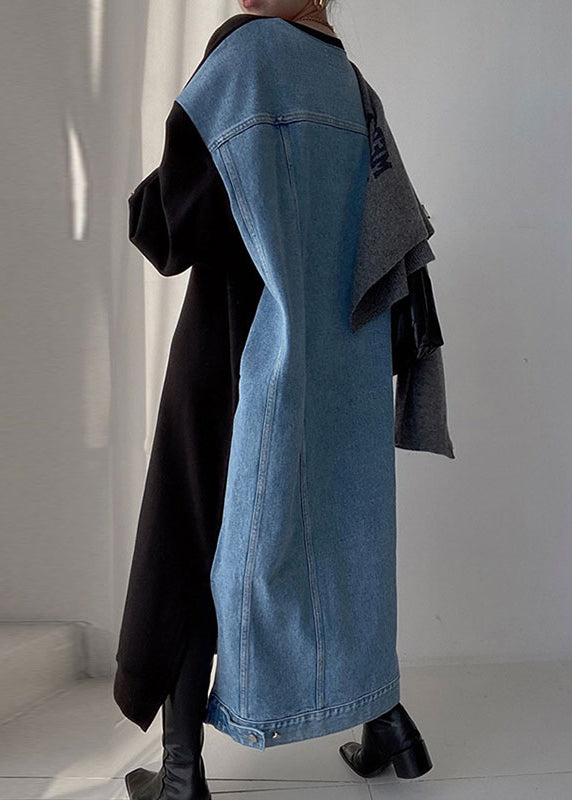 Women's Patchwork Maxi Dress Oversized Denim Blue - OutfitLondon