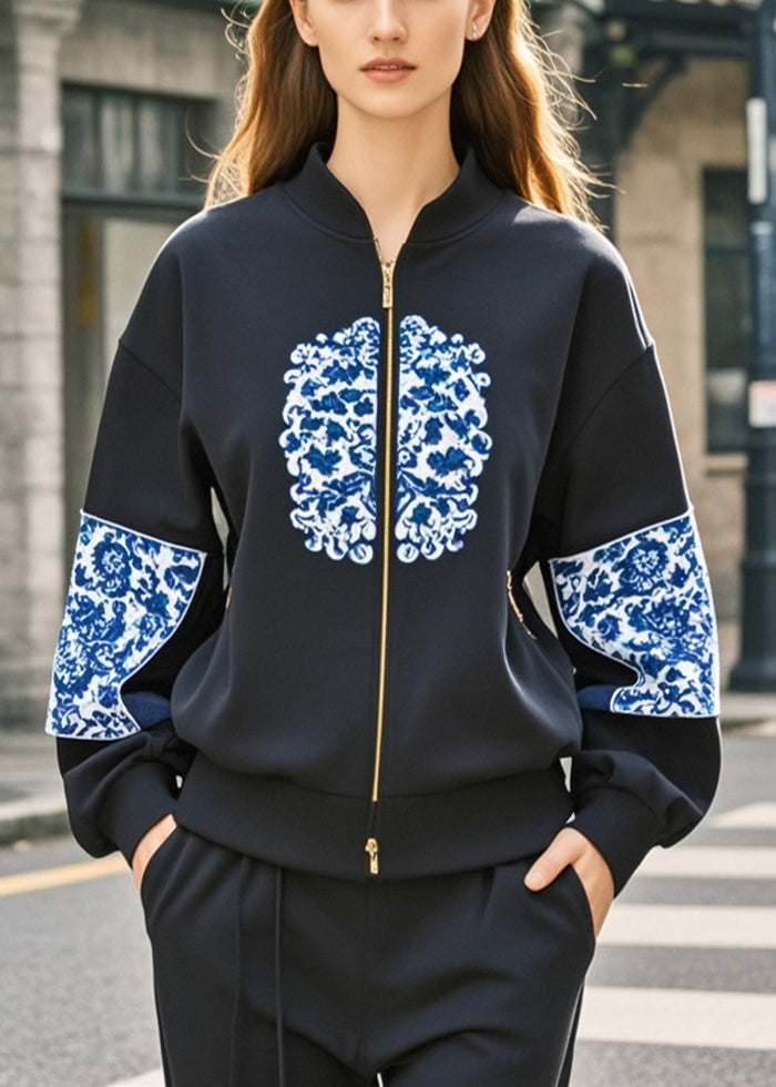 Women's Cotton Sweatshirt Mock Neck Patchwork Print Plus Size - OutfitLondon