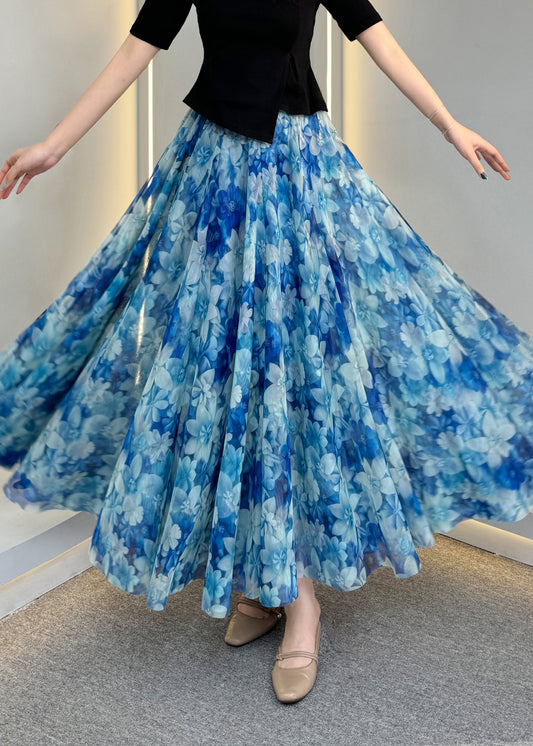 Women's A-Line Tulle Skirt Elastic Waist Natural Blue Print Flowy - OutfitLondon