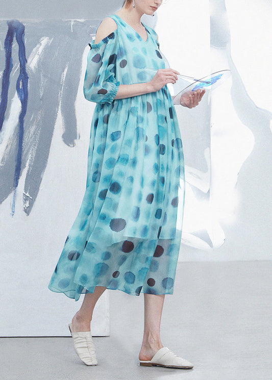 Women's Silk Polka Dot Summer Dress V Neck Off Shoulder Breathable - OutfitLondon