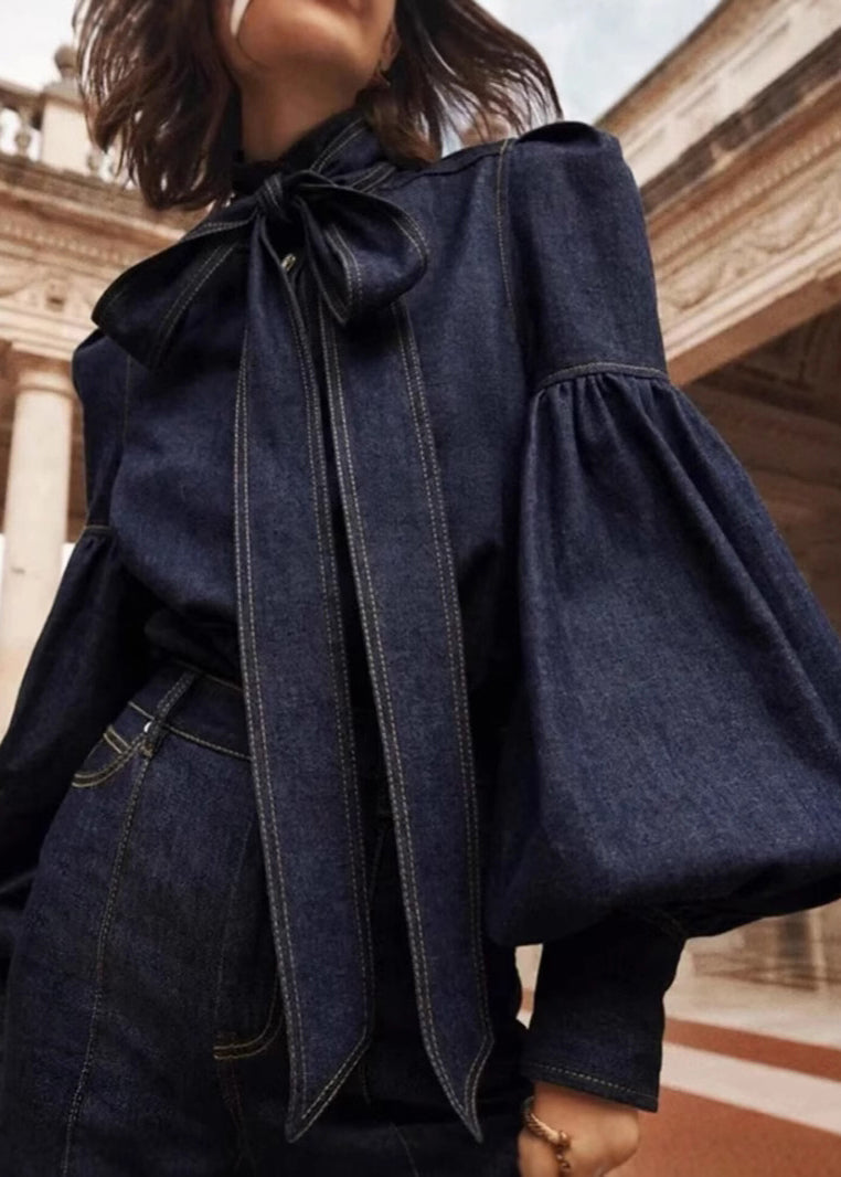 Women's Patchwork Denim Shirt Dark Indigo - OutfitLondon