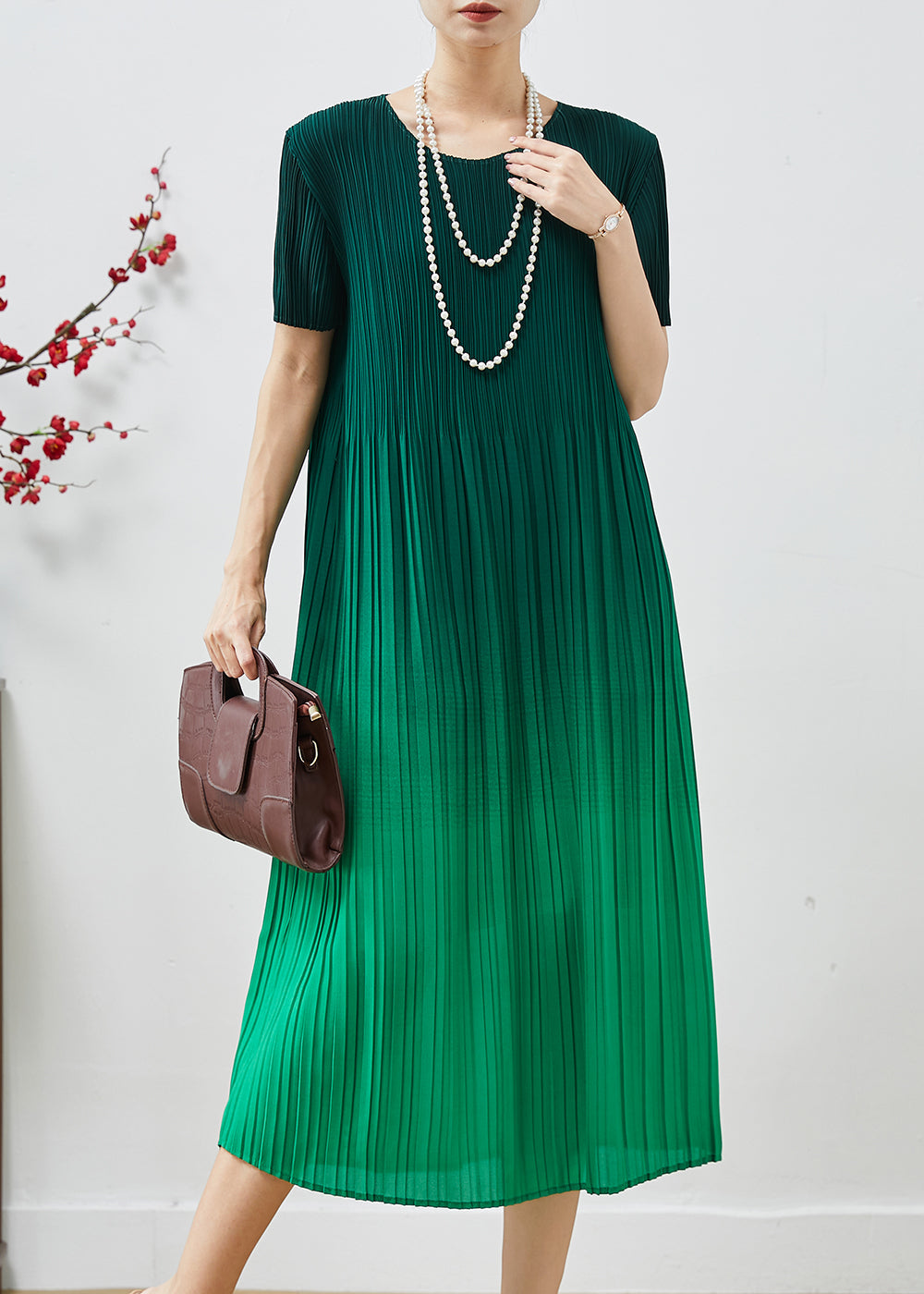 Women's Silk Chiffon Pleated Dress Lightweight Green - OutfitLondon