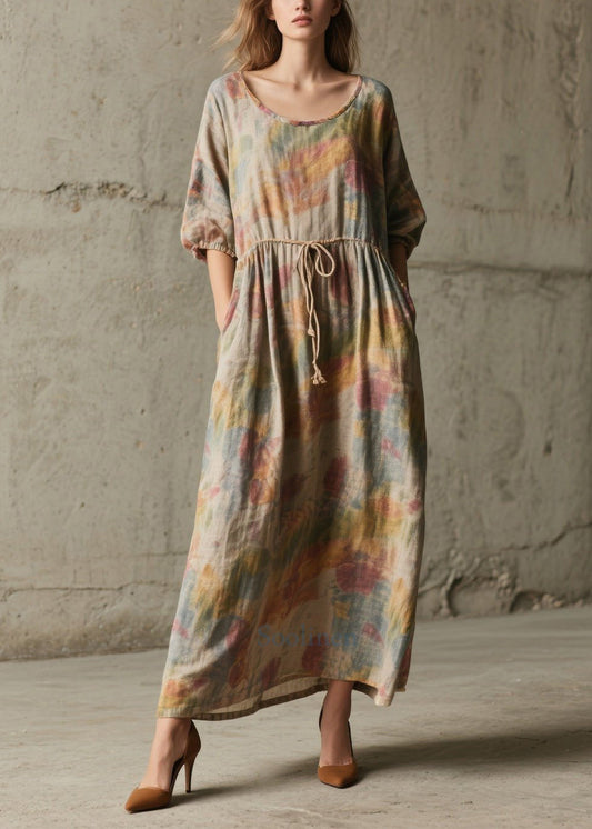 Women's Cotton Robe Natural Khaki Print Mid Length Sleeves Breathable - OutfitLondon