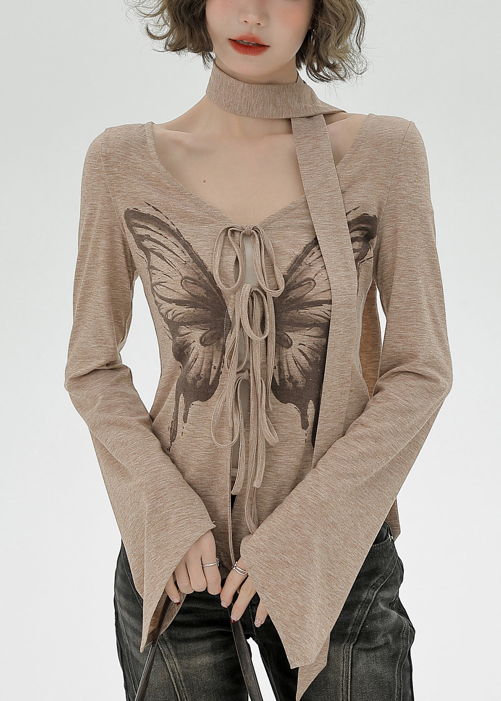 Women's Cotton Blouse Flared Sleeves Khaki - OutfitLondon