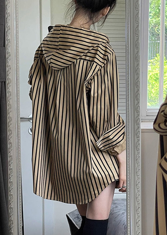 Plus Size Khaki Striped Hooded Cotton Blend Shirt - OutfitLondon
