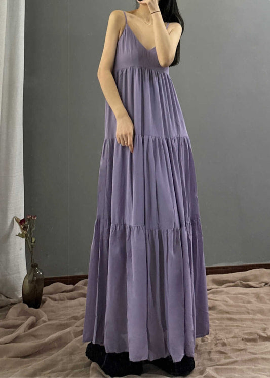 Women's Violet Silk Chiffon Maxi Dress Spaghetti Straps - OutfitLondon