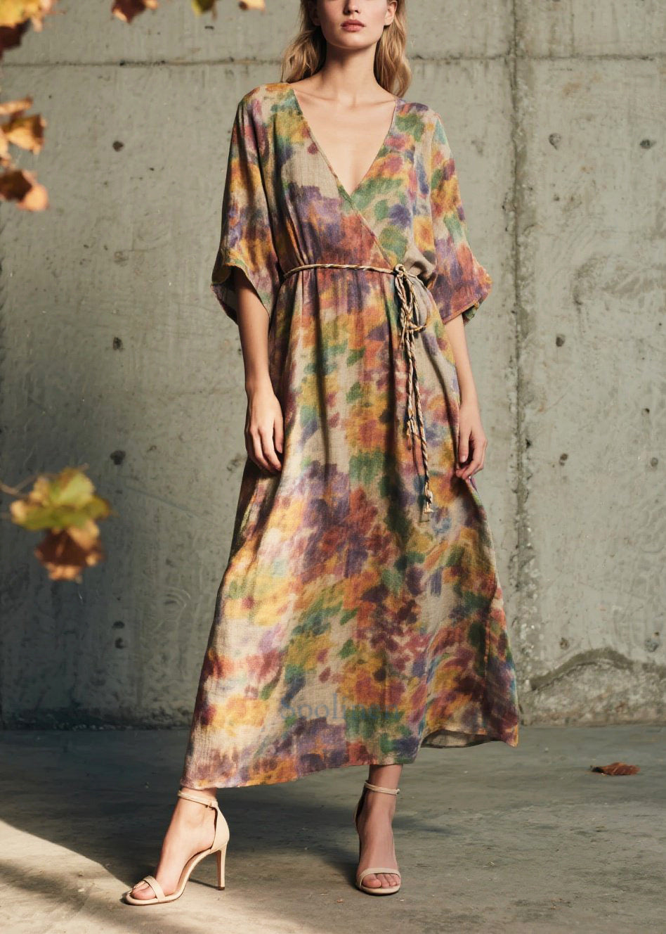 Women's Cotton Maxi Dress Natural Waist Tie - OutfitLondon