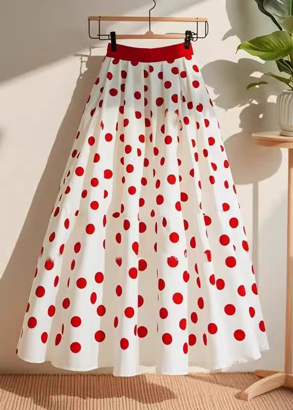 Women's Cotton Blend Trapeze Skirt Elastic Waist White Polka Dot - OutfitLondon