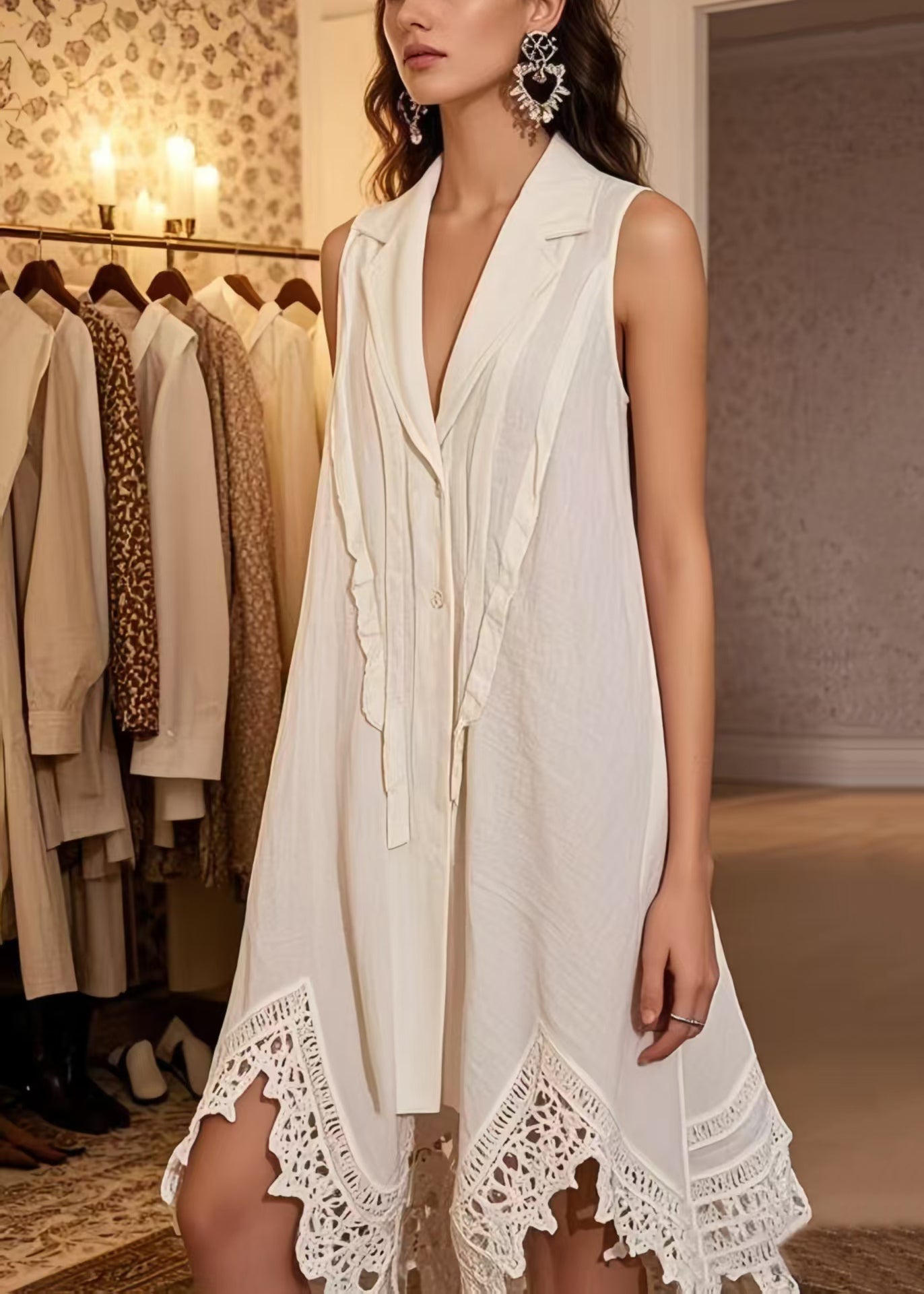 Women's Patchwork Lace Mini Dress Cotton Blend Summer White - OutfitLondon