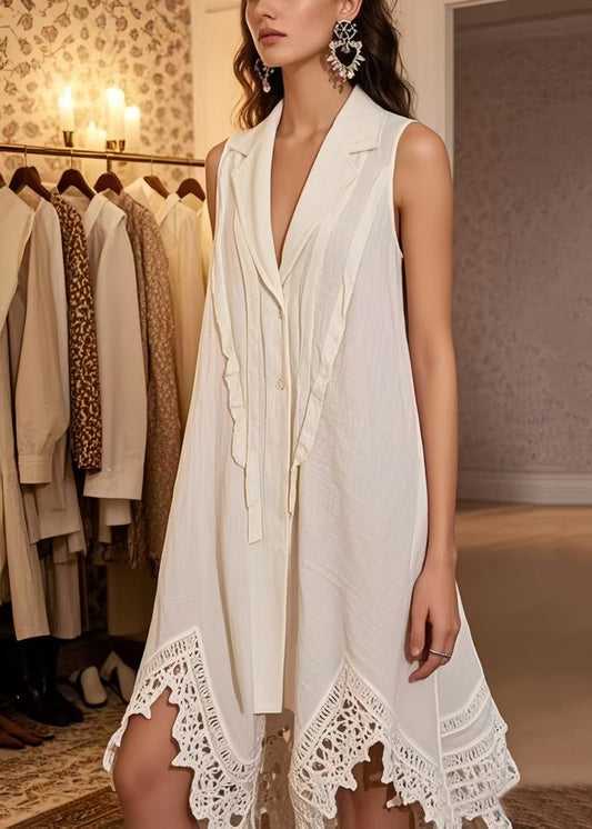 Women's Patchwork Lace Mini Dress Cotton Blend Summer White - OutfitLondon