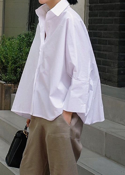 Women's Cotton Blend Peter Pan Collar Shirt White Plus Size - OutfitLondon