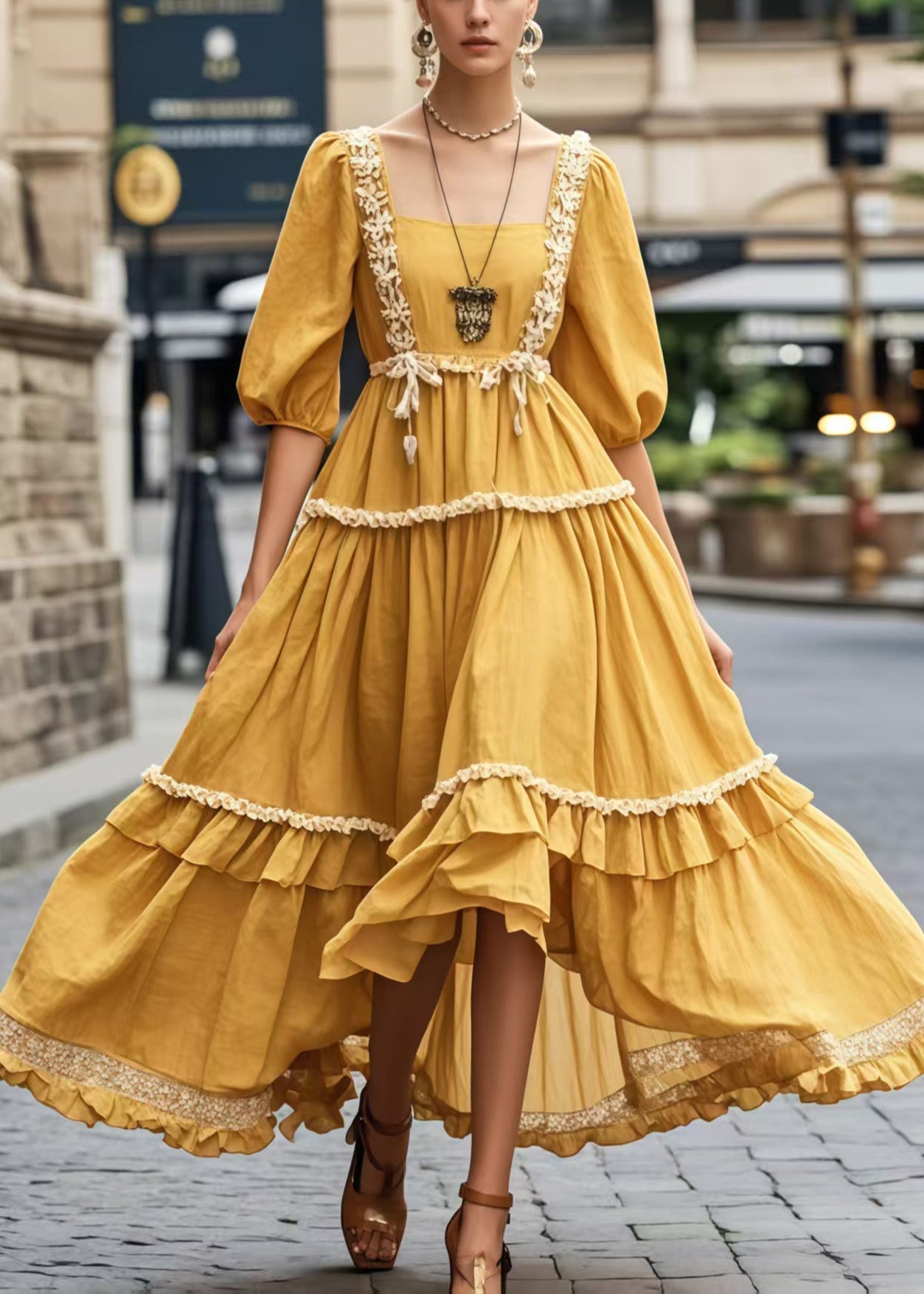 Women's Natural Yellow Beach Dress Relaxed Fit Square Neck - OutfitLondon
