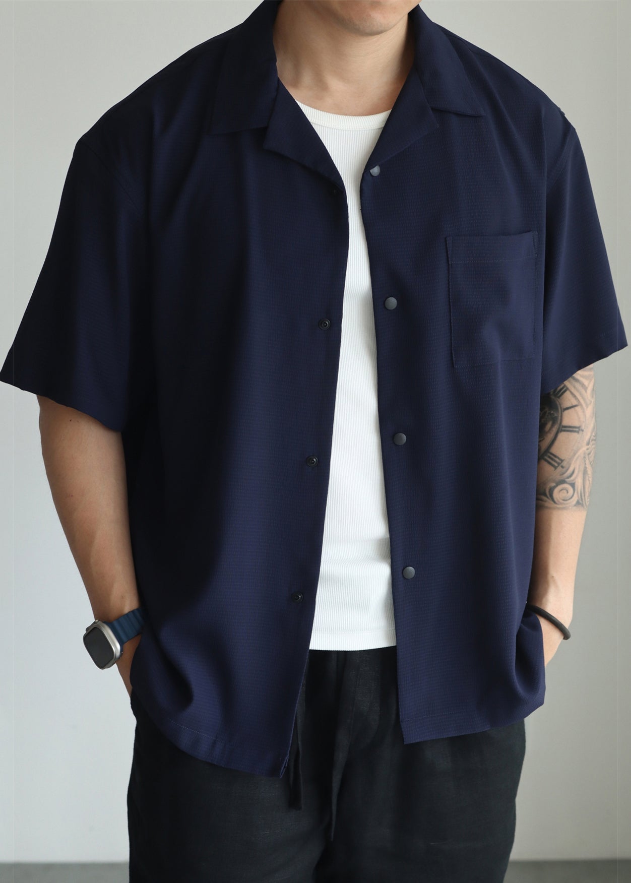 Men's Oversized Cotton Shirt Navy Short Sleeve Relaxed Fit - OutfitLondon